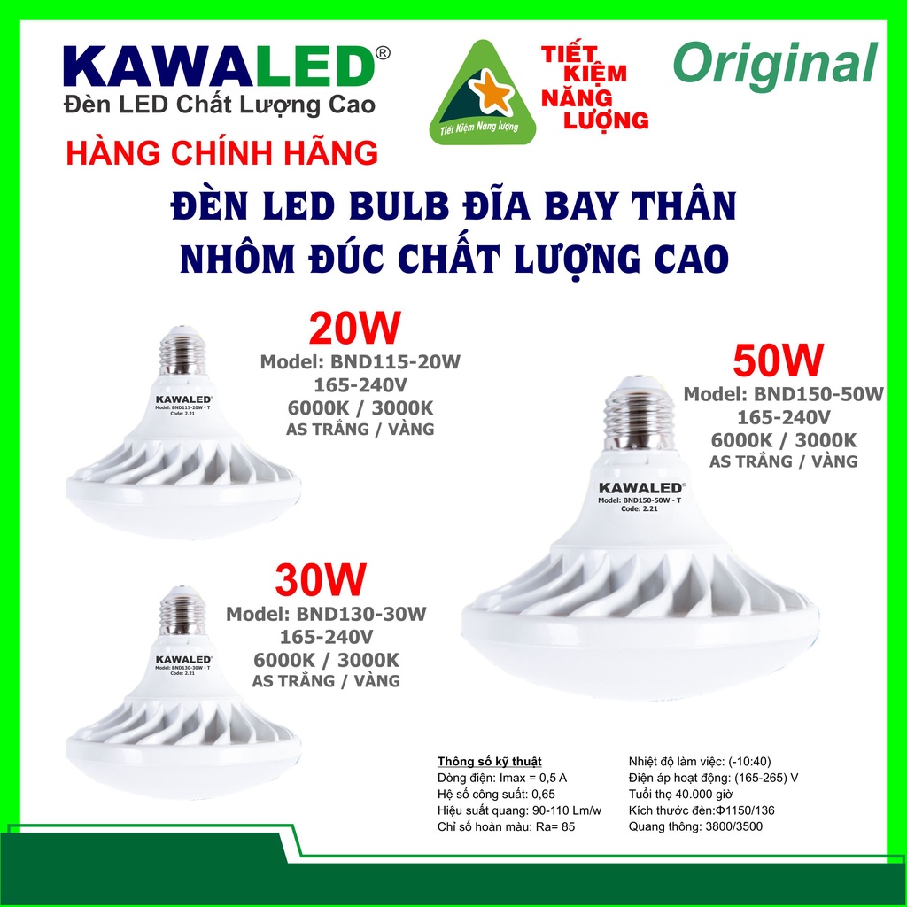 Bóng đèn LED Búp UFO Nhôm, Ánh sáng trắng  KAWALED- UFO BND 20W/30W/50W