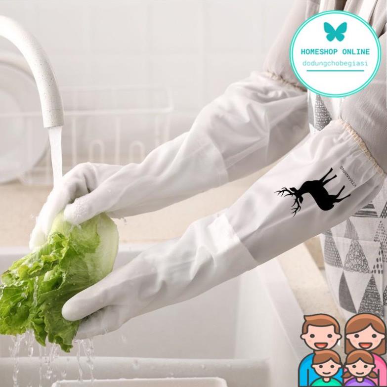 Găng Tay Rửa Chén Bát Lót Nỉ Siêu Dai Dài Tay - Cổ cao - Có chun chống tụt 88237