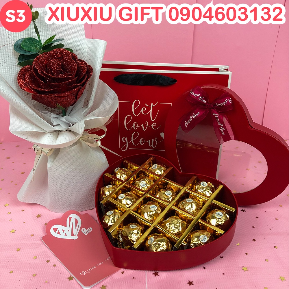 Quà Tặng Valentine Socola và Bó Hoa Nhũ Siêu Đẹp, Tặng Kèm Thiệp & Túi, Set Quà Tặng 8/3 Cho Bạn Gái, Nữ, NY