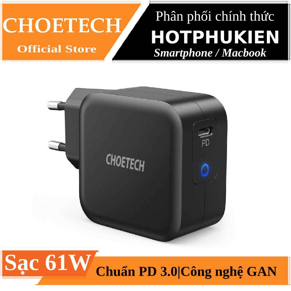 Adapter củ cóc sạc nhanh 61W PD Type-C hiệu CHOETECH Q6006 chuẩn PD 3.0, Công nghệ GAN, Smart LED - Hàng chính hãng