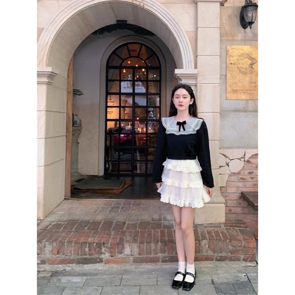 ⚡Giá huỷ diệt ⚡️Sét áo tơ cổ nở mix chân váy đũi 3 tầng siêu đẹp