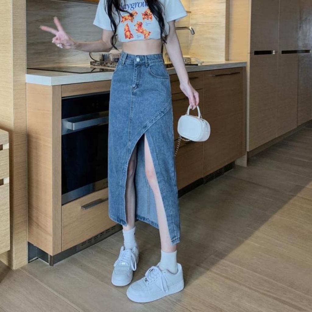 Chân Váy Jean Dài Chéo Tà Siêu Hot