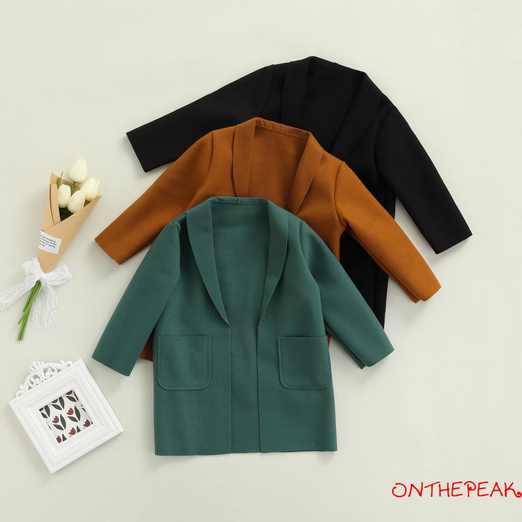 Áo khoác cardigan tay dài màu trơn có túi trước màu xanh lá/đen/nâu xinh xắn cho bé gái