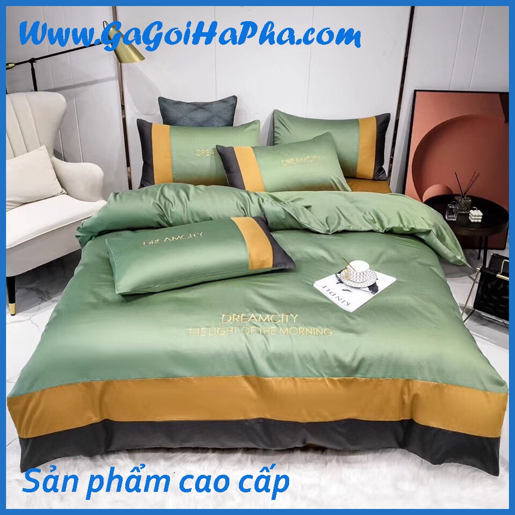 Bộ chăn ga lụa pháp Dream viền kẻ to cao cấp, bộ ga giường lụa cao cấp xịn xò