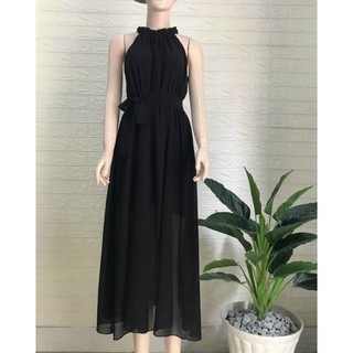 Đầm maxi suông cổ yếm cột eo hình thật