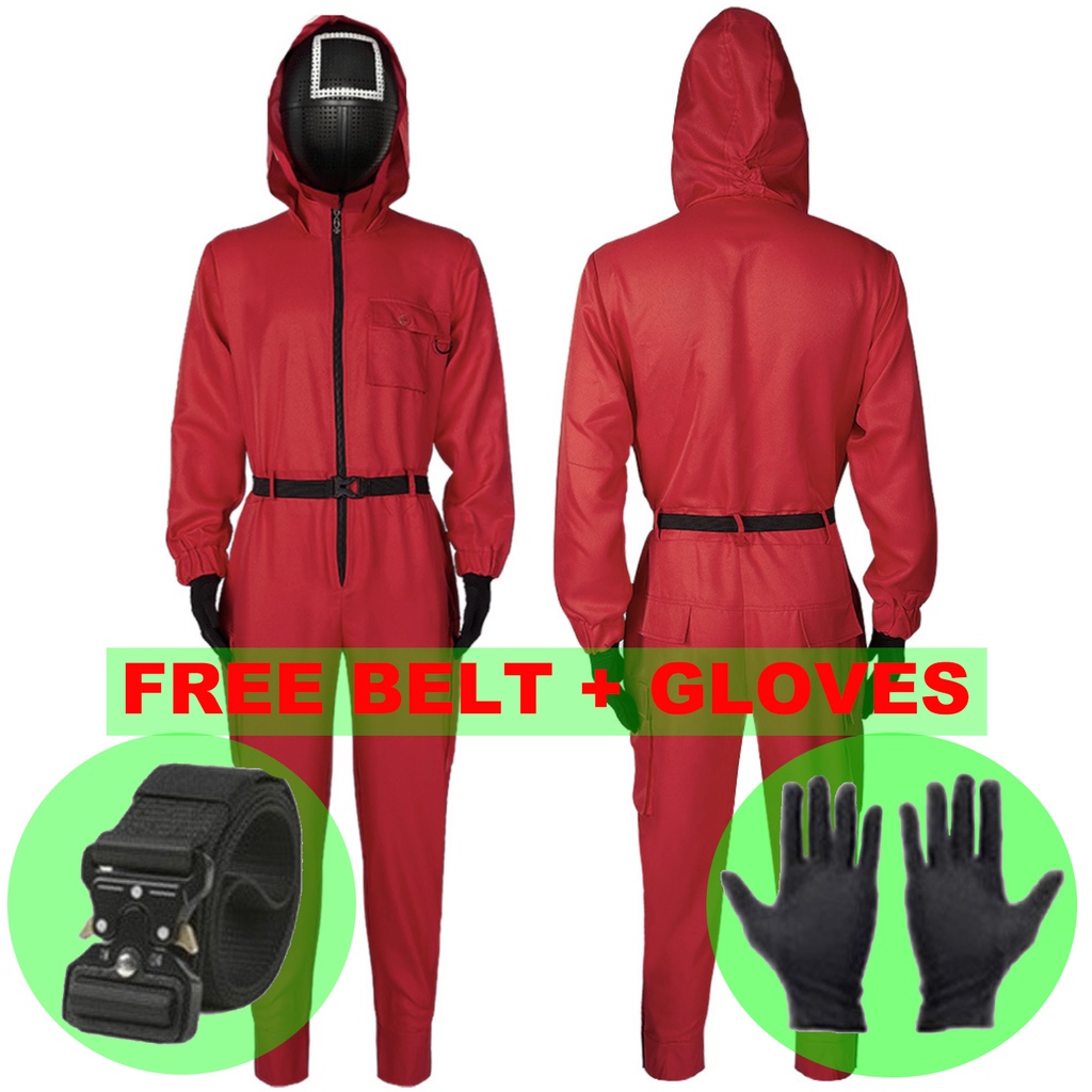 【Squid Game】áo liền quần màu đỏ với mặt nạ villain Costume+Mask Lính Đỏ