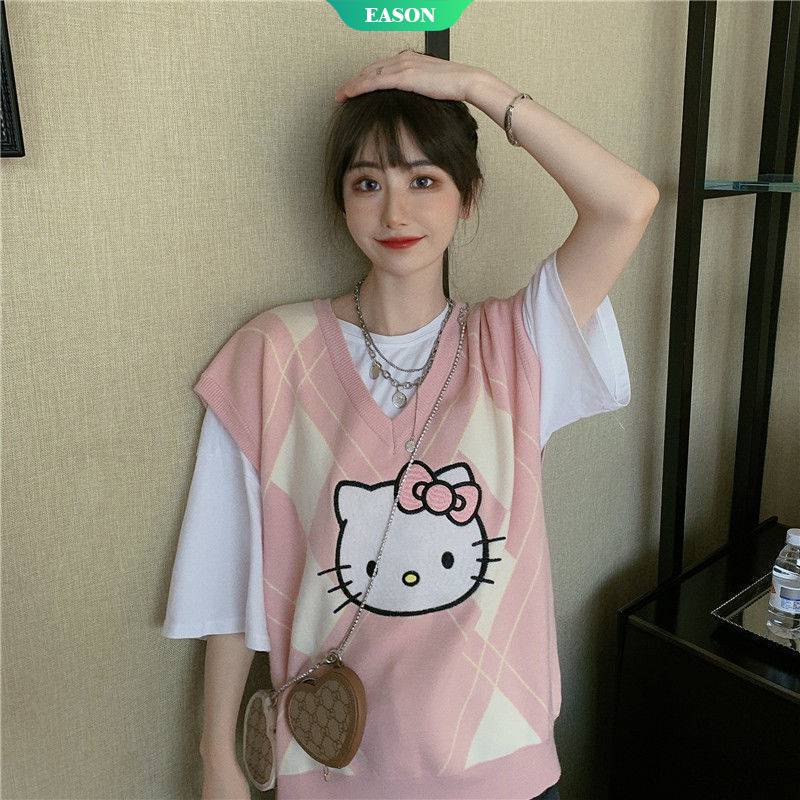 Áo Len Cổ Chữ V Không Tay Dáng Rộng In Hình Hello Kitty Phong Cách Kawaii Thời Trang Thu Đông Cho Nữ Sinh 2021