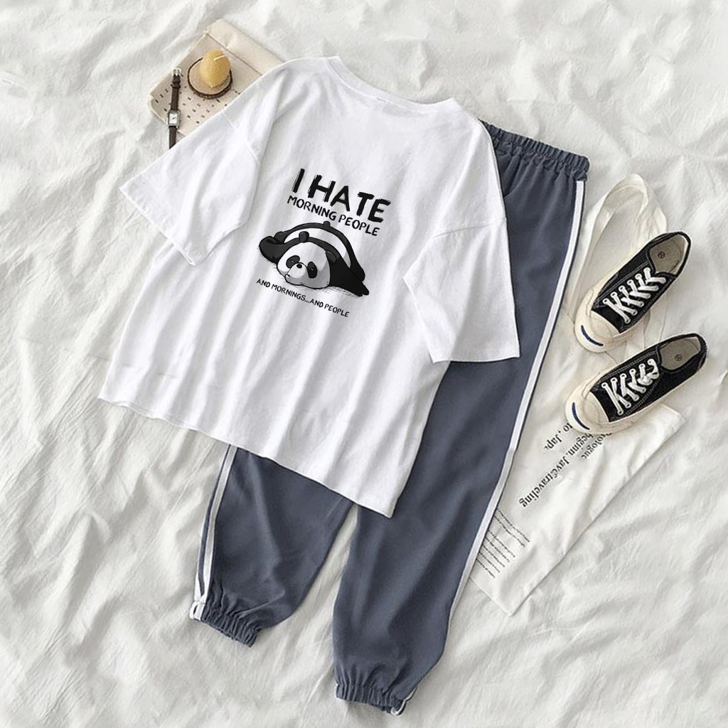 Set Jogger Line Phối Thun Unisex I Hate, Set quần thể thao sọc phối áo phông in hình dễ thương - S5. | BigBuy360 - bigbuy360.vn