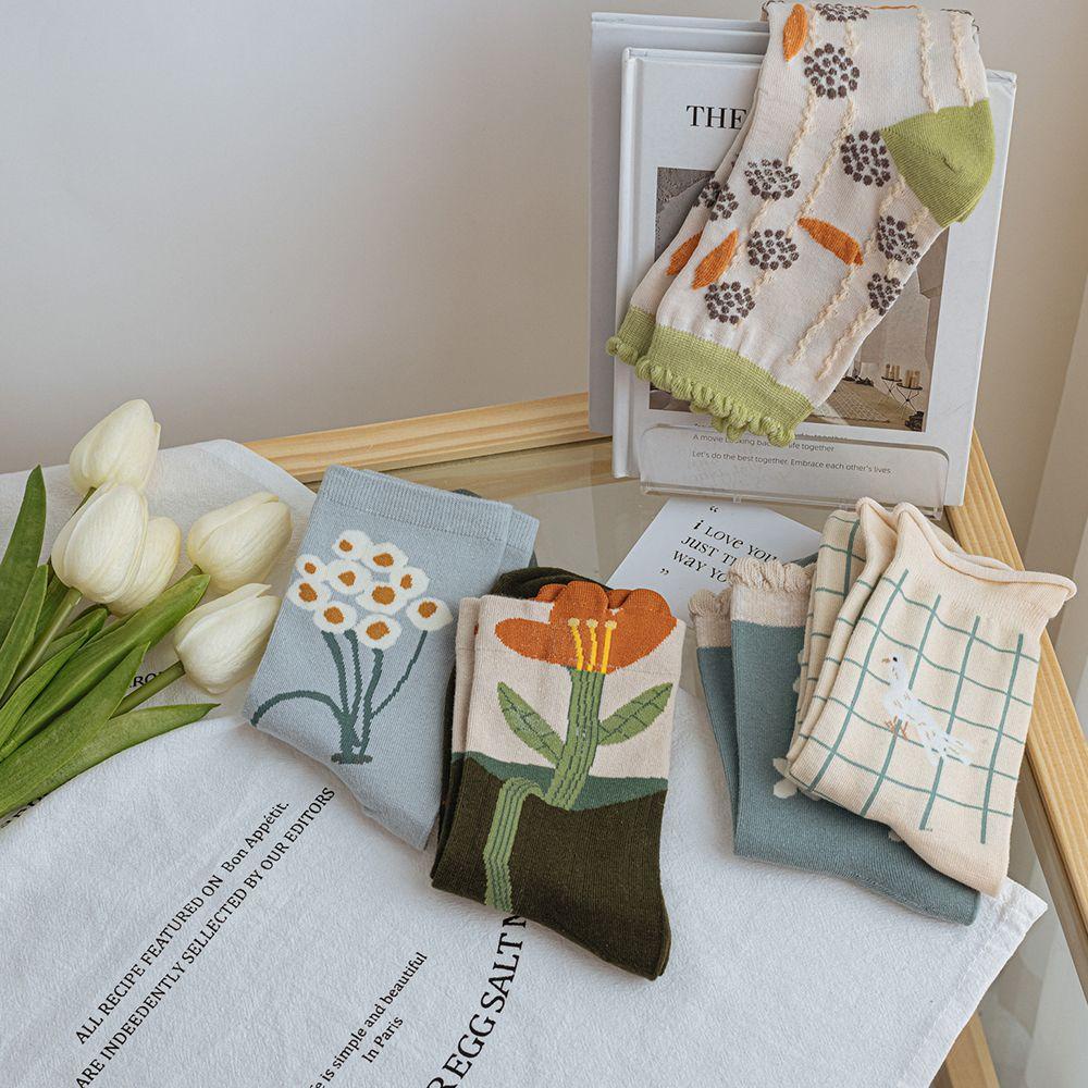 SOMEDAYZL Vớ Nữ Họa Tiết Caro / Bông Hoa Phong Cách Hàn Quốc Ngọt Ngào Thời Trang Mùa Xuân