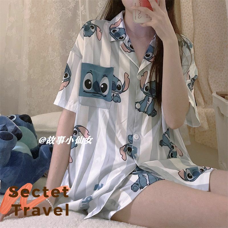 Bộ Đồ Ngủ Tay Ngắn Họa Tiết Stitch Hoạt Hình Thời Trang Mùa Hè Dành Cho Nữ