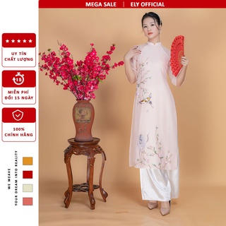 Áo dài cách tân nữ truyền thống 4 tà ELY vải voan tơ kết đính hoa nổi ELV03