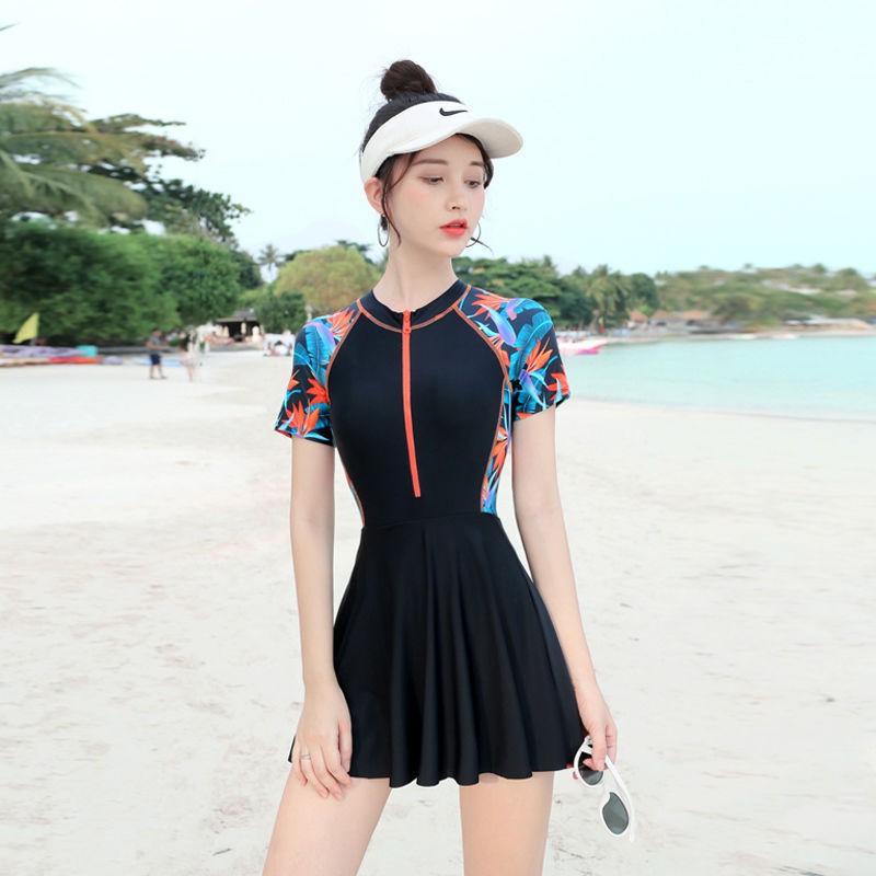 Womens Sexy Zipper Bigsize Korean Short Sleeve Sports One-piece Swimwear | BigBuy360 - bigbuy360.vn