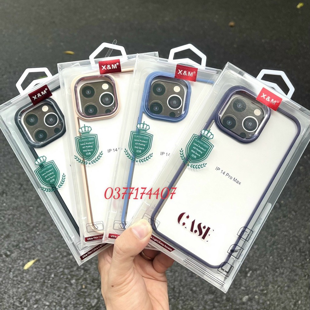 Ốp lưng X&M trong kính viền màu  cho iPhone 15 Pro Max, 14, 14 Max, 14 Pro, 14 Pro Max vành camera bọc nhôm sang trọng