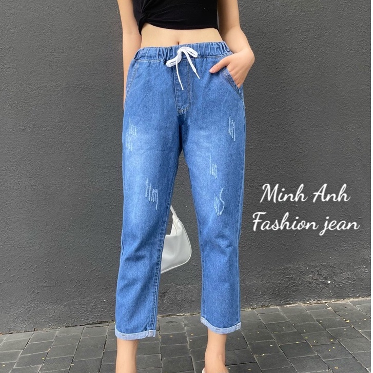Quần Jean Baggy nữ cào xước xăn lai lưng thun baggic đơn giãn thoải mái