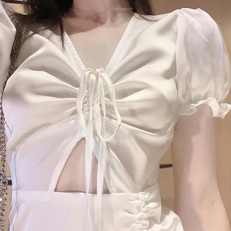 Đầm Tay Phồng Màu Trơn Phối Dây Rút Quyến Rũ Cho Nữ Kiểu Hàn Quốc