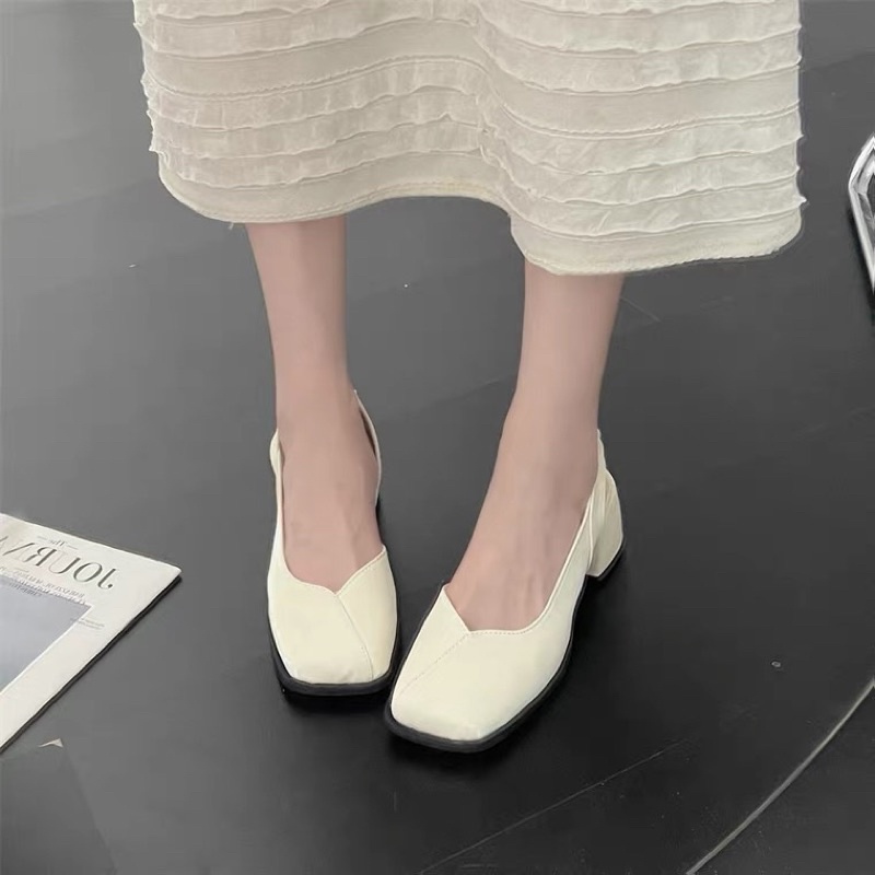 Giày cao gót phong cách retro Pháp đầu vuông dây co dãn dễ đi
