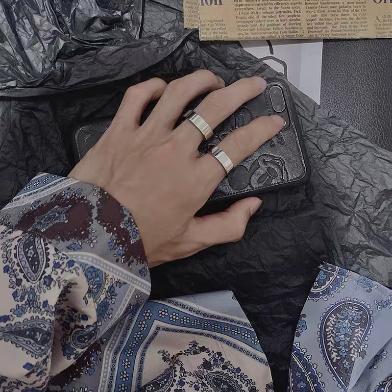 Nhẫn nam nữ tròn Unisex màu bạc Thời trang Kuu Clothes chất liệu Titan đẹp đơn giản - Black Rectangle