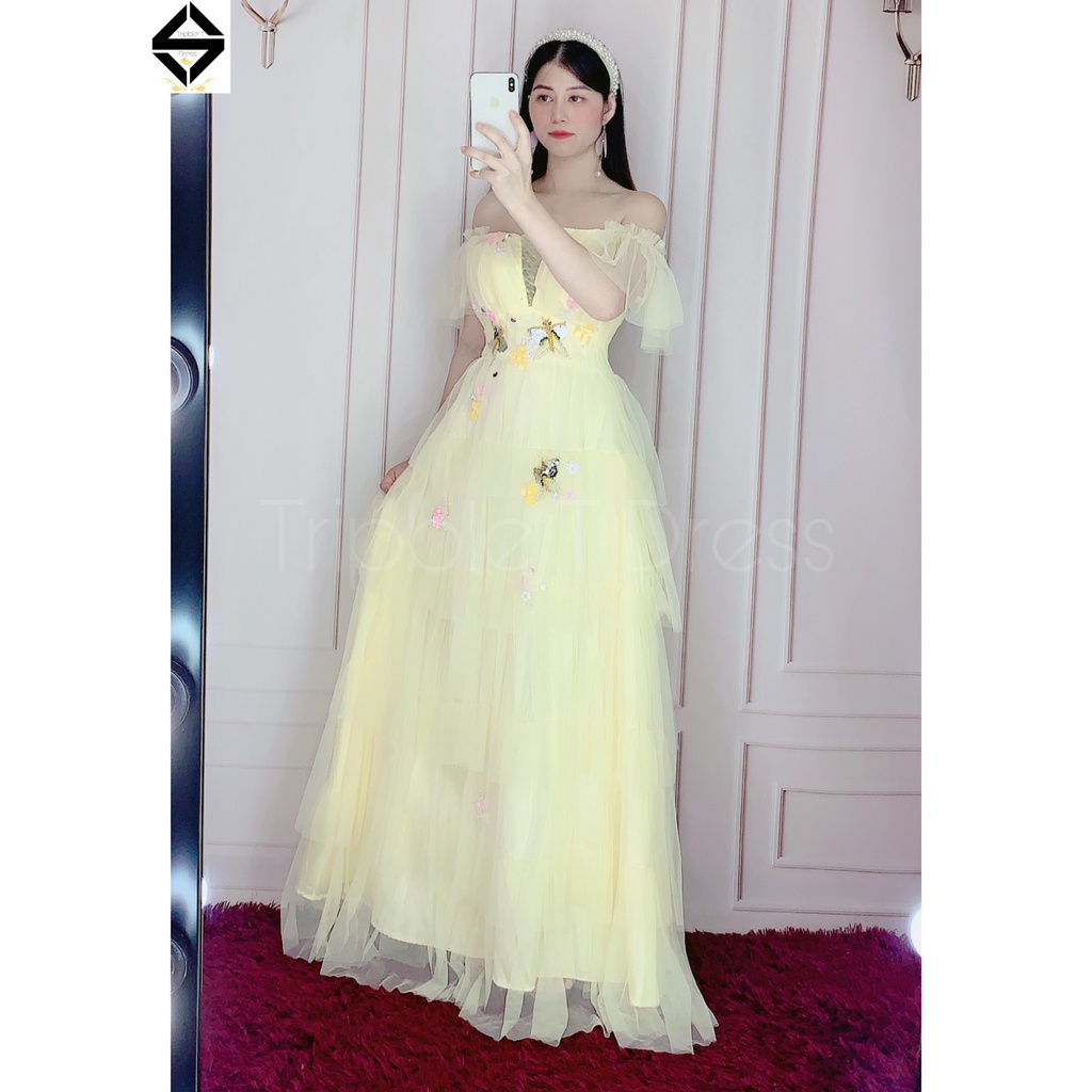 Đầm maxi bẹt vai xếp tầng kết cườm hình bướm TRIPBLE T DRESS - size M/L (ảnh/video thật) - MS312V