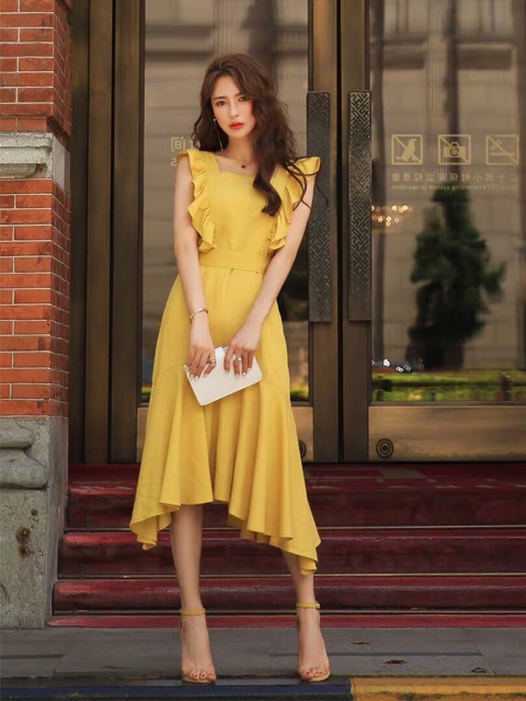 Đầm Vàng Vai Bèo Dáng Xòe kt (kèm ảnh thật)