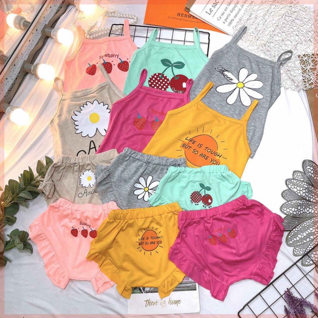 BỘ 2 DÂY BÉ GÁI VẢI COTTON IN HÌNH HOA QUẢ SUWBARRY SIÊU ĐÁNG YÊU