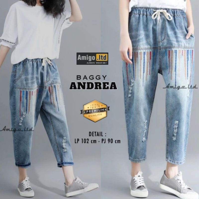 Andrea Quần BAGGY JEANS BAGGY Bằng Cao Su Thêu Họa Tiết Có Dây Thắt Lưng Cho Bạn Trai JINS BEGI HITS