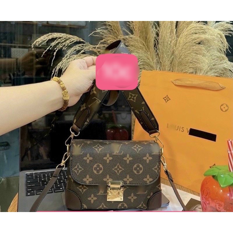 Túi Đeo Chéo Nữ Hoạ Tiết Hoa Nâu, Túi Nữ Đeo Vai Dáng Hộp Bản 2 Dây