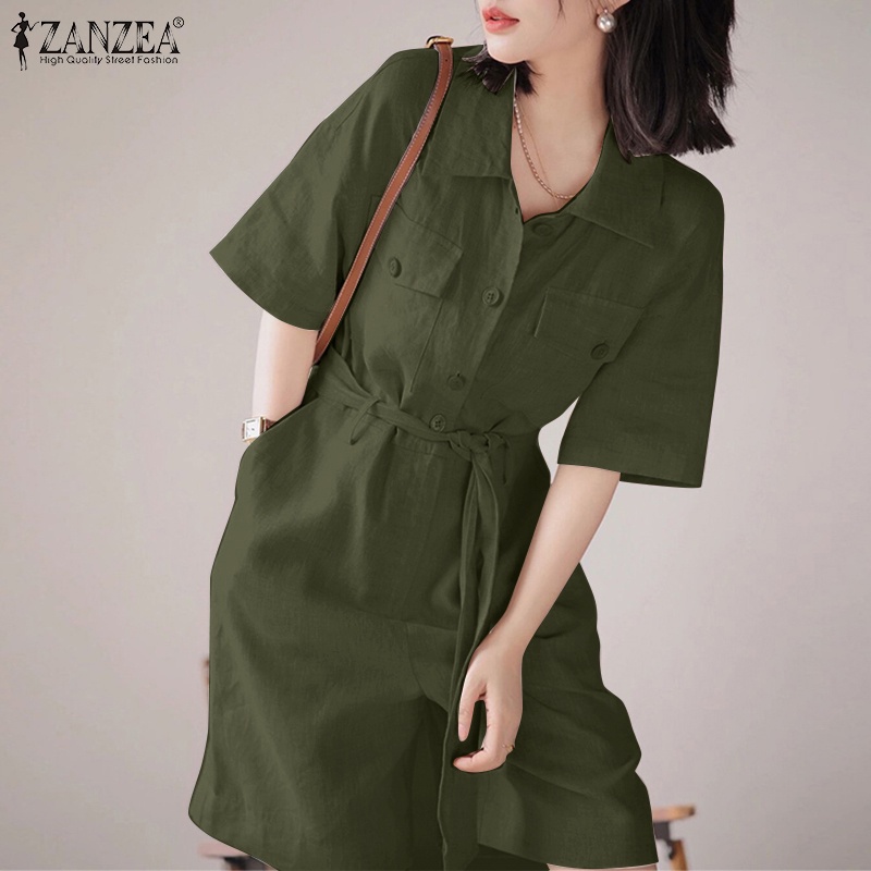 Áo liền quần ZANZEA tay lửng cổ bẻ có thắt lưng màu trơn thời trang dành cho nữ