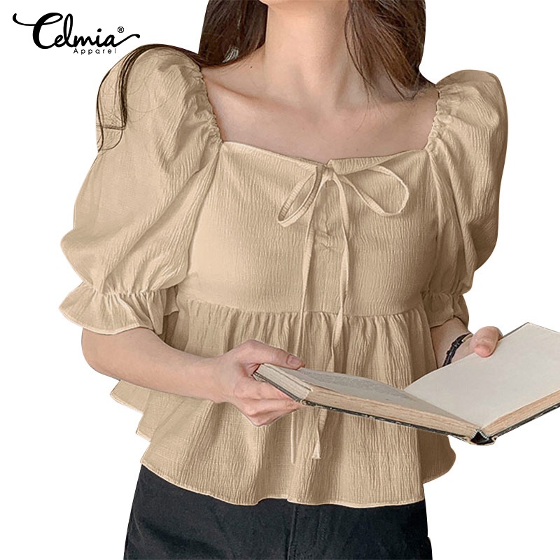 Áo peplum CELMIA cổ vuông tay phồng xếp ly thanh lịch thời trang tùy chọn màu sắc dành cho nữ