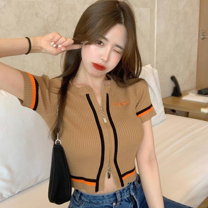 Áo Thun Nữ Dệt Kim Tay Ngắn Cổ Tròn Có Khóa Kéo Hợp Thời Trang áo nữ