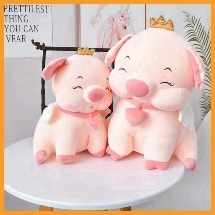 Heo gấu bông to dễ thương cute giá rẻ lợn đội vương miện đeo chuông tim size 55cm 75cm