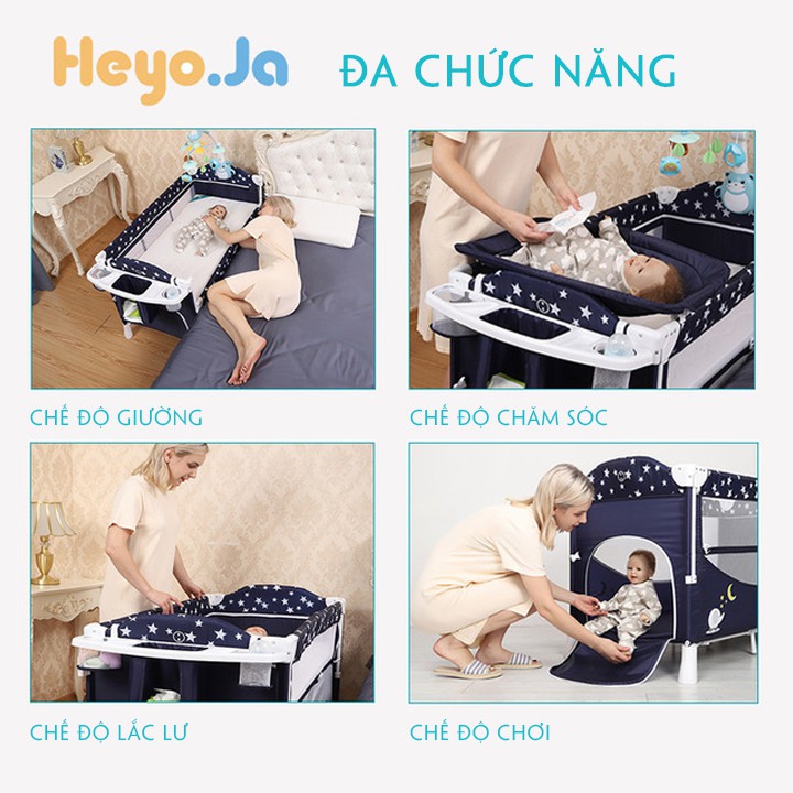 nôi cũi gấp gọn Heyo tặng kèm màn, treo nôi phát nhạc , bàn thay tã, có thể hạ bên hông cũi  cao cấp hona boss