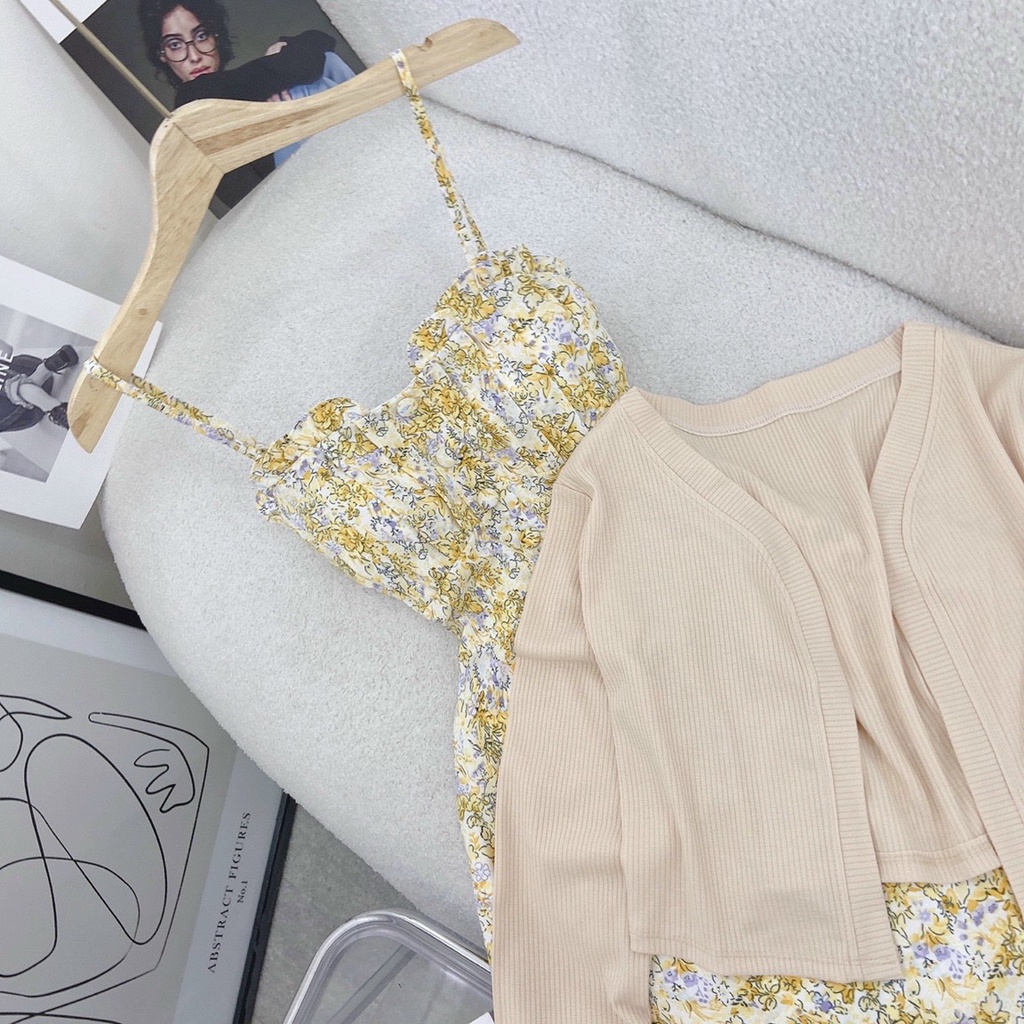 Set Đầm 2S 💖DEMISS💖 Set Đầm 2D Hoa Viền Bèo Kèm Khoác Crop Dễ Thương - SET-HOA-VÀNG-46