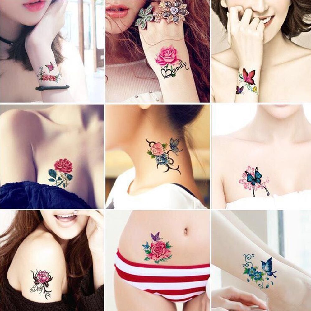 52 Hình xăm dán tạm thời chống nước hình hoa hồng/bướm dễ thương cho nữ