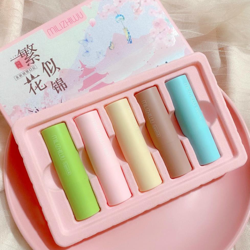 SET SON 5 CÂY thỏi Colorful Velet hoa đào - hàng nội địa Thái