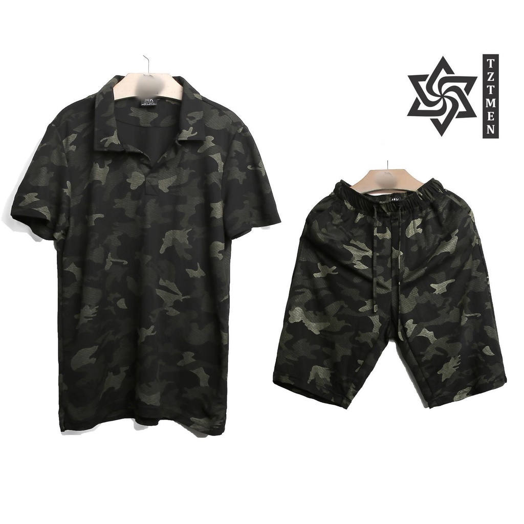 Bộ Đồ Thể Thao Nam Cộc Tay Cổ Bẻ Cotton In Hoạ Tiết Rằn Ri Thấm Hút Mồ Hôi Co Giãn Tốt