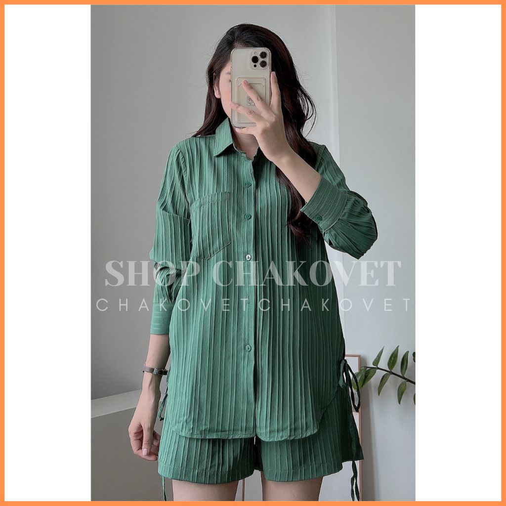 Set áo sơ mi đũi gân xẻ tà tiểu thư S8418 Bộ đồ nữ bánh bèo gồm áo xẻ hông buộc dây kèm quần sooc Ulzzang cực xinh