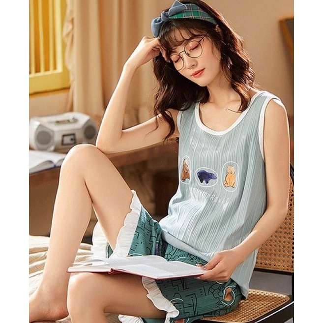bộ quàn áo mặc nhà ngủ thun short sát nách size 75-90kg