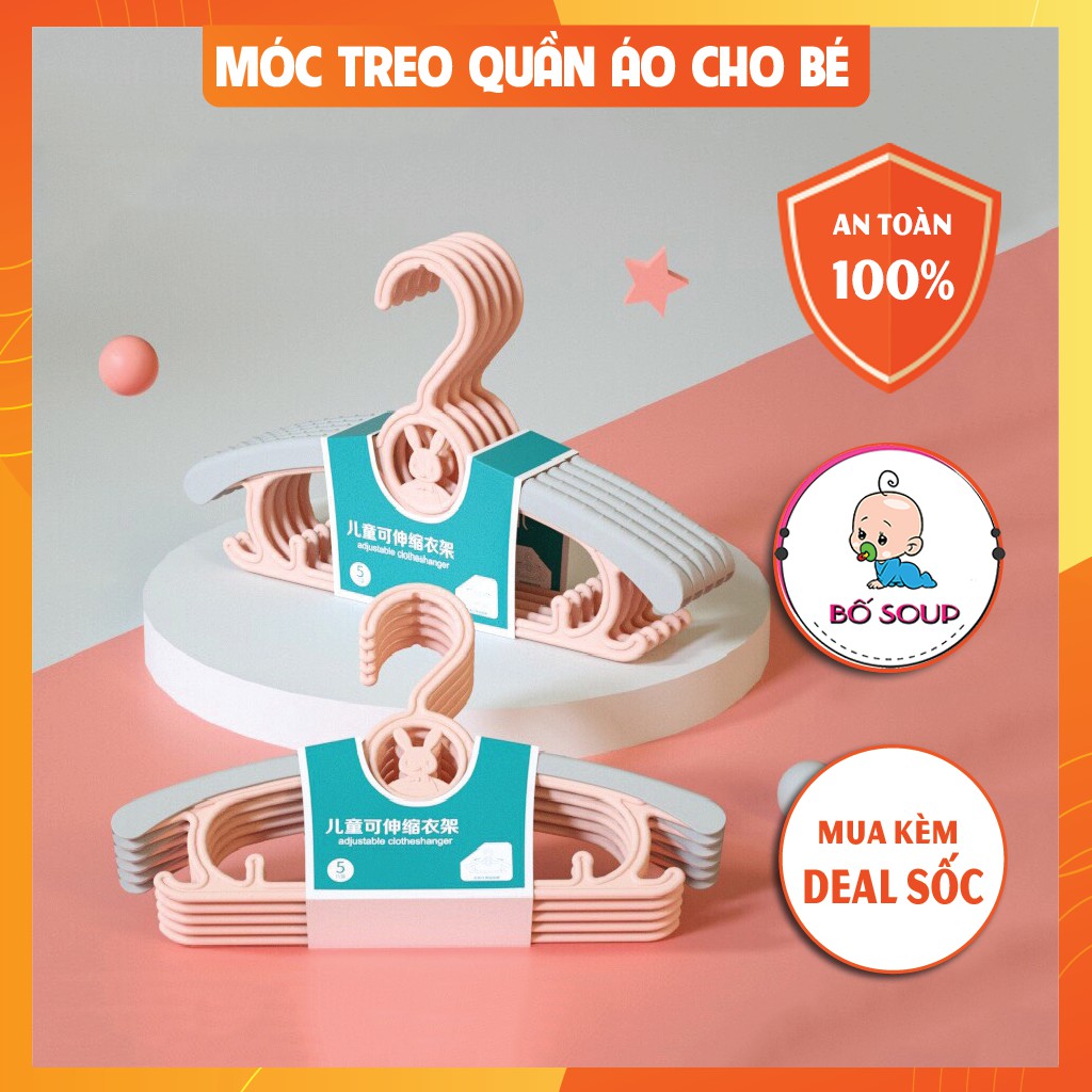 Set 5 móc treo quần áo trẻ em, móc đồ em bé điều chỉnh được độ dài ngắn Shop Bố Soup