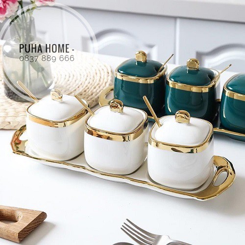 Set 3 hũ gia vị thìa vàng cao cấp [ƯU ĐÃI] Sét đựng gia vị kèm thìa vàng, khay đựng bằng sứ cao cấp