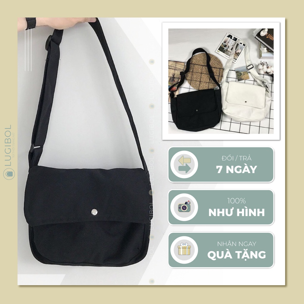 Túi tote vải canvas đeo chéo basic unisex thời trang ulzzang LUGIBOL LG01 - KÈM 3 GHIM TÚI