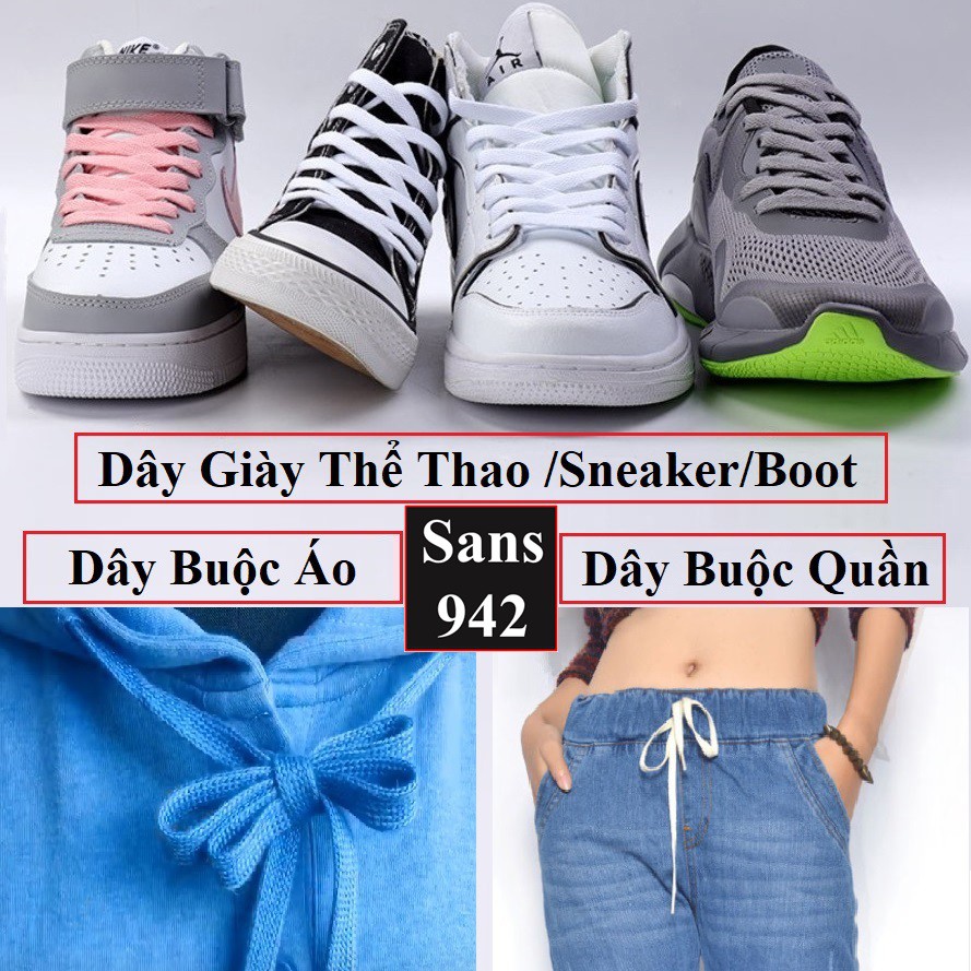 Dây giày dẹt đủ size nhiều màu Sans942 8mm cột giầy thể thao sneaker boot 60cm 90cm 100cm 120cm 140cm 150cm 160cm 180cm