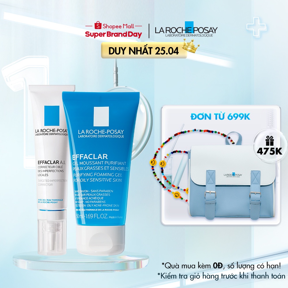 Bộ kem giảm mụn La Roche Posay A.I 15ml &amp; Gel rửa mặt cho da dầu mụn Effaclar Gel 50ml