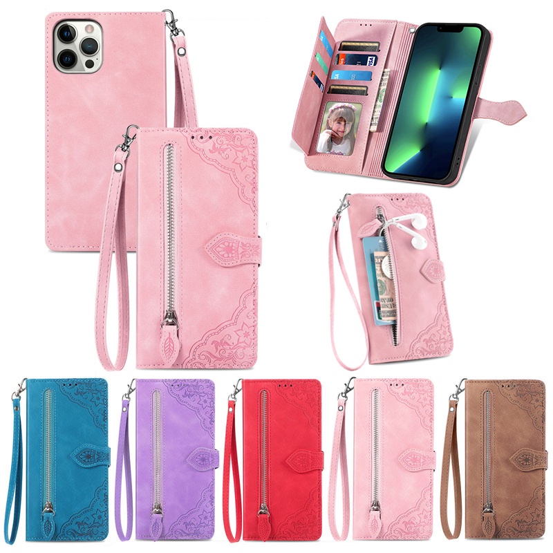 Ốp Điện Thoại Da Kiểu Ví Nắp Gập Có Dây Kéo Họa Tiết Hoa Dập Nổi Cho OPPO Reno 7 6 Pro Plus SE 7Z 6Z Z 5G 4G