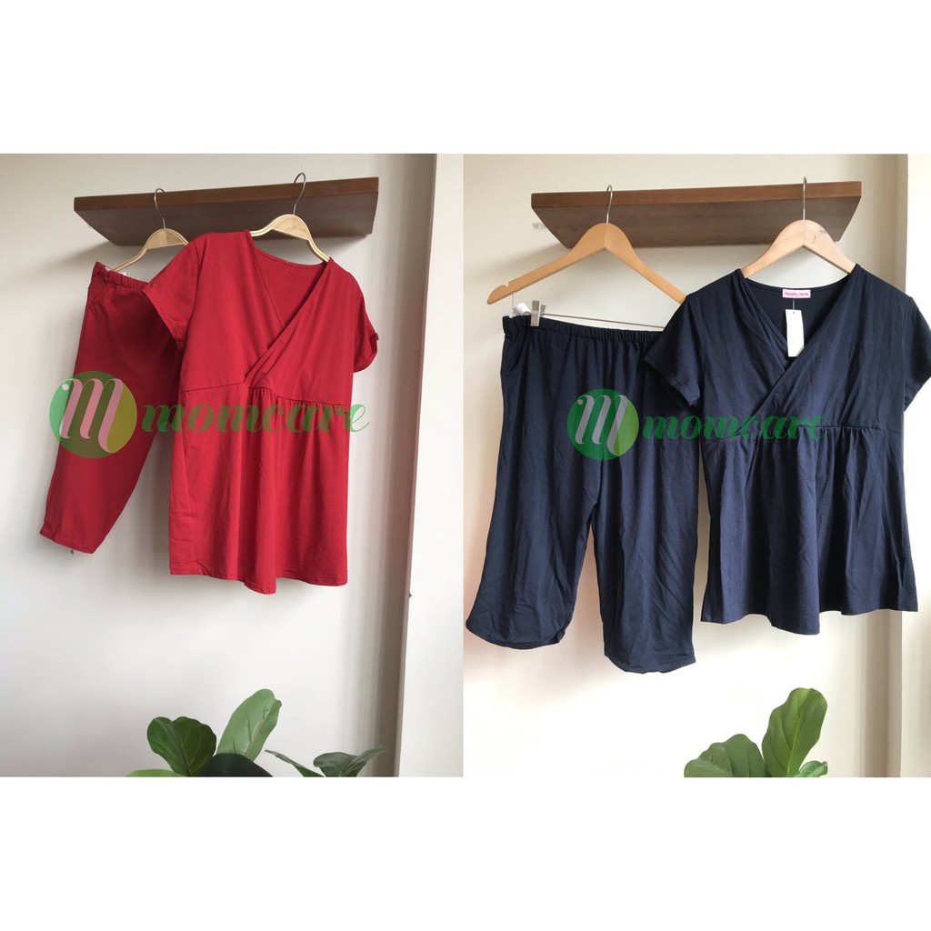 Đồ bộ bầu lửng CỔ TIM 2 MÀU - Đồ ngủ bà bầu sau sinh cho con bú ti - Quần áo bầu cho mẹ thời trang mùa hè giá rẻ Bigsize