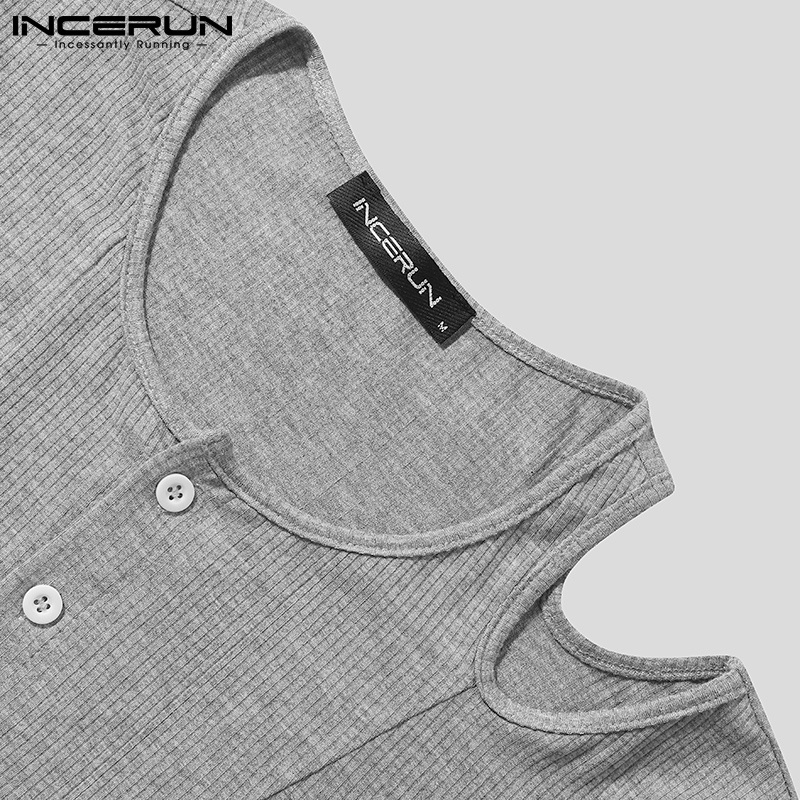 Áo croptop INCERUN tay dài màu trơn gài khuy thiết kế khoét lỗ thời trang dành cho bạn nam