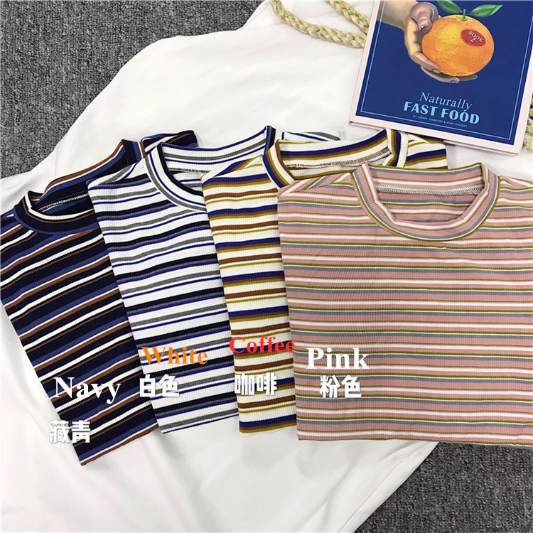 Áo thun dệt kim SUXI dáng ôm tay ngắn họa tiết sọc cầu vồng phong cách Hàn Quốc