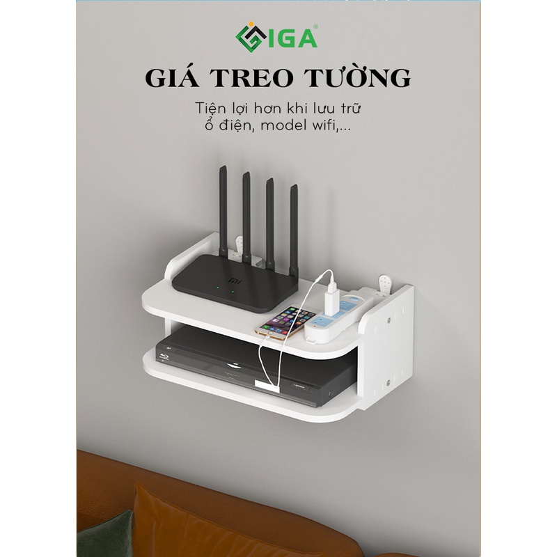 Kệ wifi treo tường 2 tầng IGA không cần khoan để đầu thu kỹ thuật số, remote điện thoại - IG407