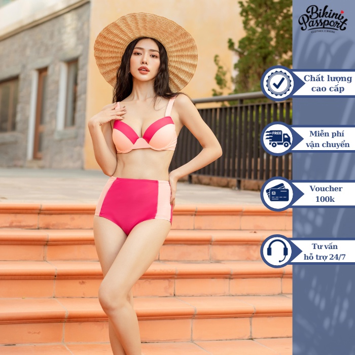 Đồ bơi Nữ BIKINI PASSPORT kiểu Một mảnh áo gọng phối 2 màu - Hồng - BS418_PK