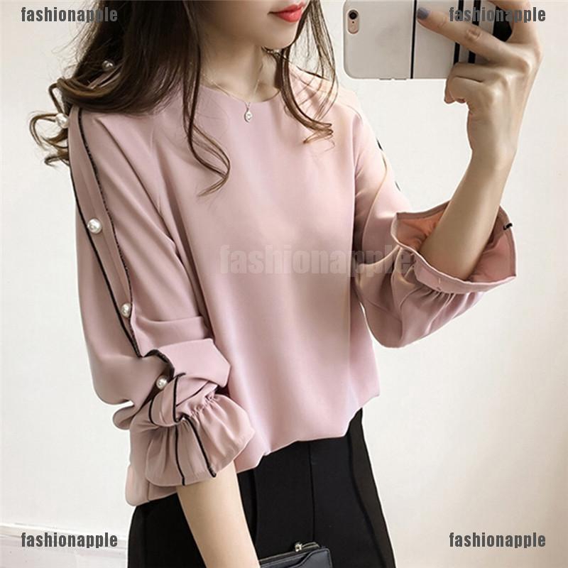 Áo kiểu tay dài chất Chiffon màu trơn thiết kế hợp thời trang cho phái nữ