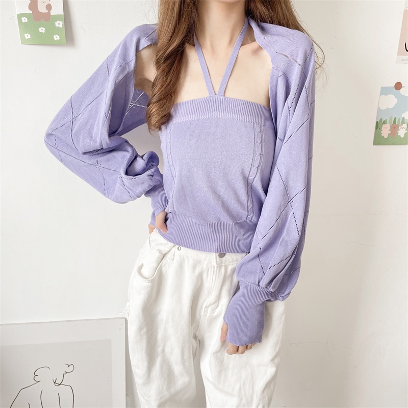 Set áo hai dây + áo khoác cardigan dệt kim phong cách thời trang hàn quốc